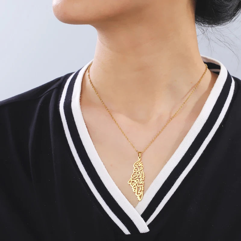 Ethnic Arabic Calligraphy Palestine Map Pendant Necklace