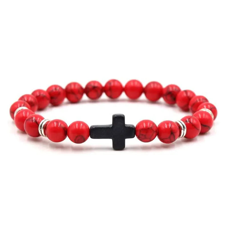 Stone Wood Beads Rosary Hematite Cross Bracelets
