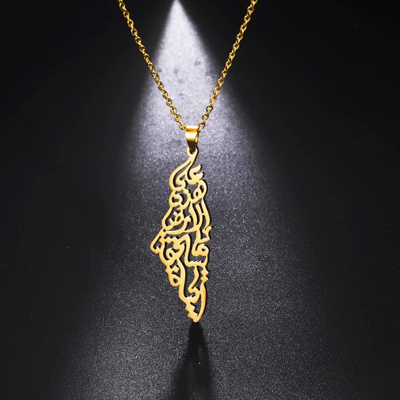 Ethnic Arabic Calligraphy Palestine Map Pendant Necklace