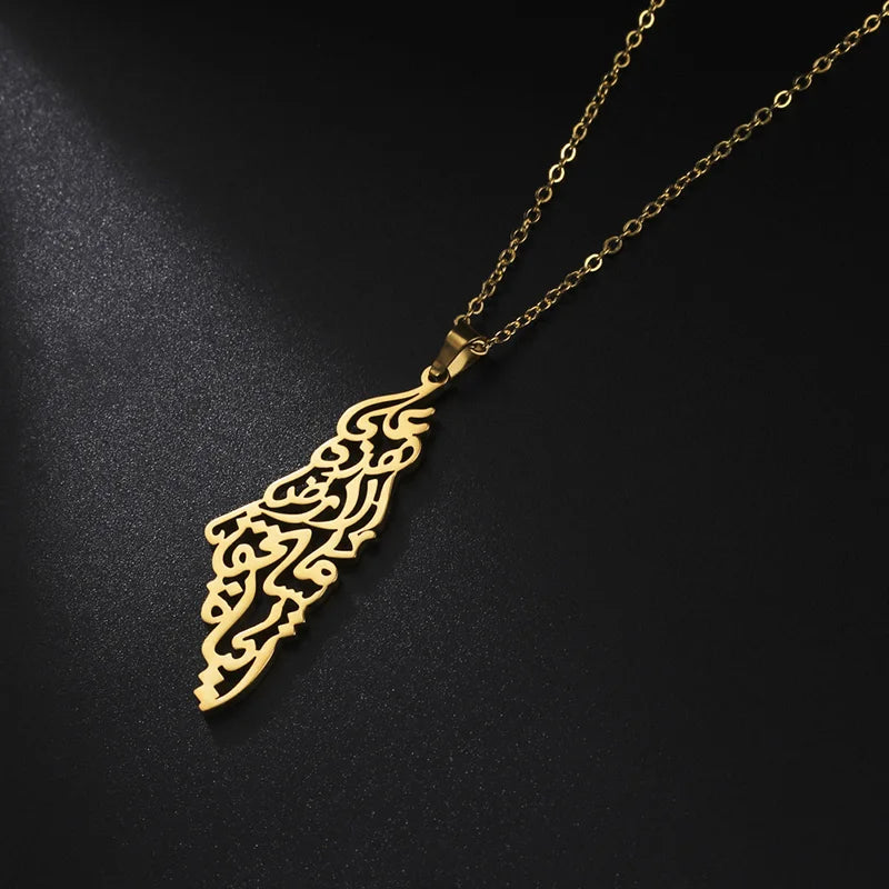 Ethnic Arabic Calligraphy Palestine Map Pendant Necklace