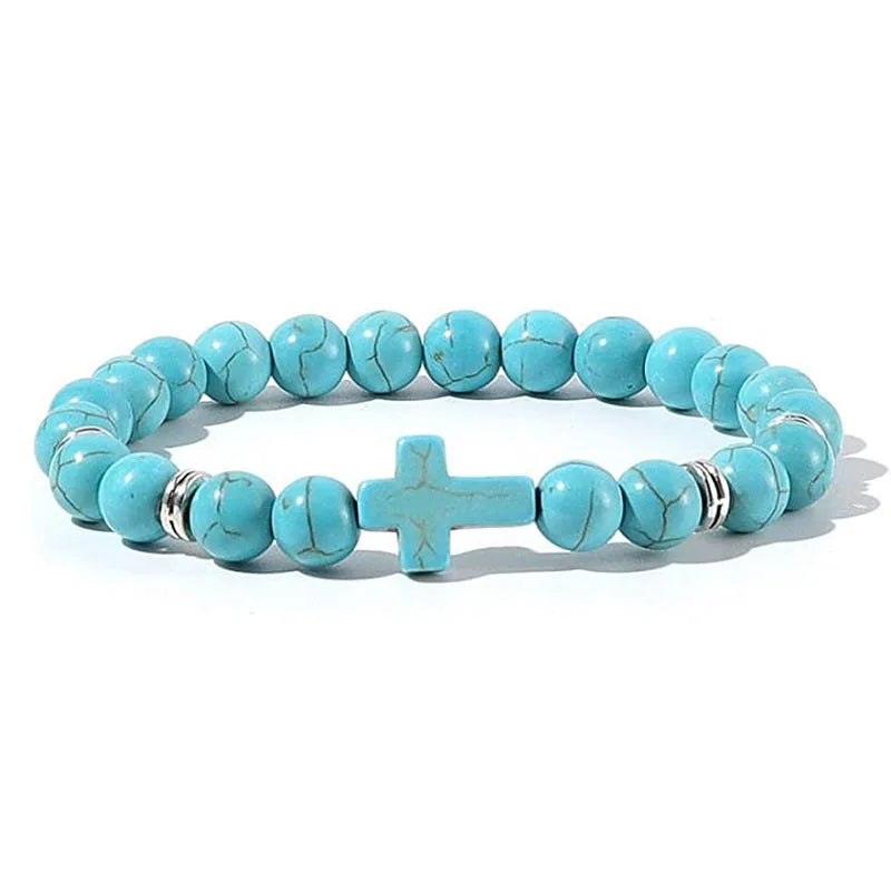 Stone Wood Beads Rosary Hematite Cross Bracelets