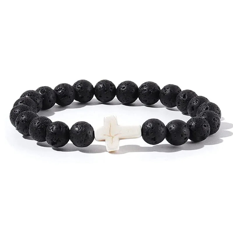Stone Wood Beads Rosary Hematite Cross Bracelets