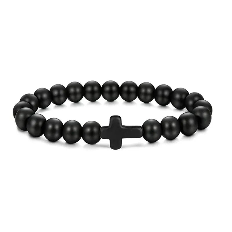 Stone Wood Beads Rosary Hematite Cross Bracelets