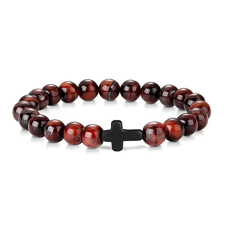 Stone Wood Beads Rosary Hematite Cross Bracelets