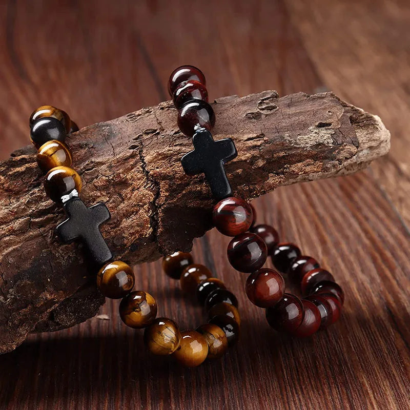Stone Wood Beads Rosary Hematite Cross Bracelets