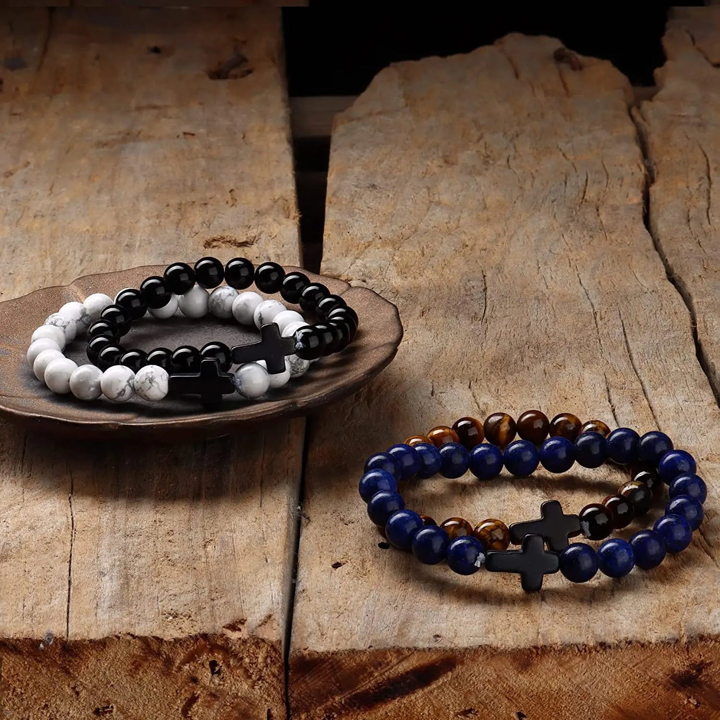 Stone Wood Beads Rosary Hematite Cross Bracelets