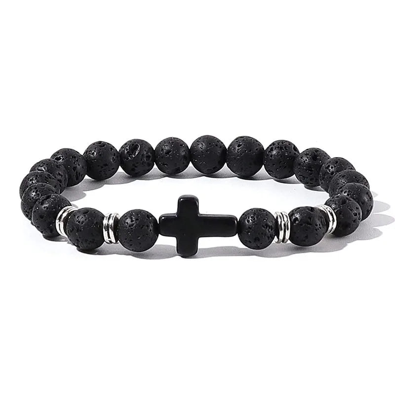 Stone Wood Beads Rosary Hematite Cross Bracelets