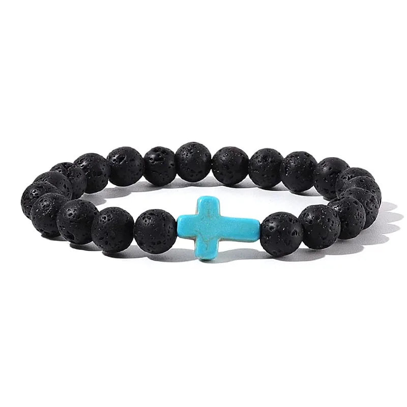 Stone Wood Beads Rosary Hematite Cross Bracelets