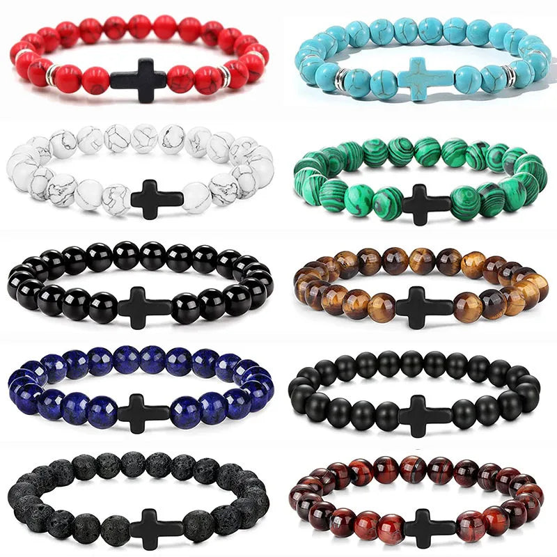 Stone Wood Beads Rosary Hematite Cross Bracelets