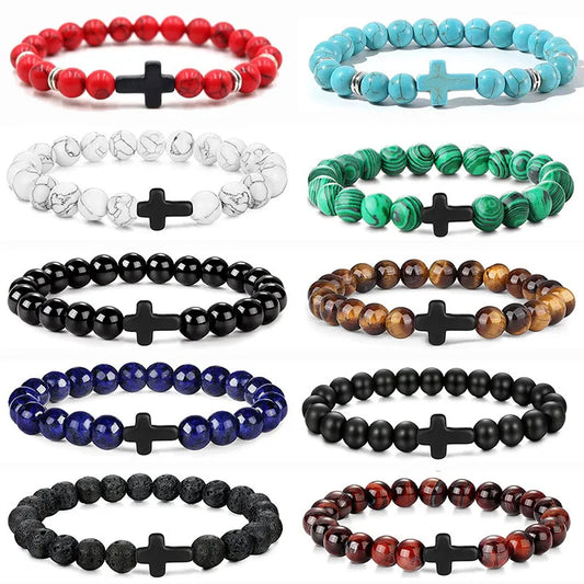Stone Wood Beads Rosary Hematite Cross Bracelets