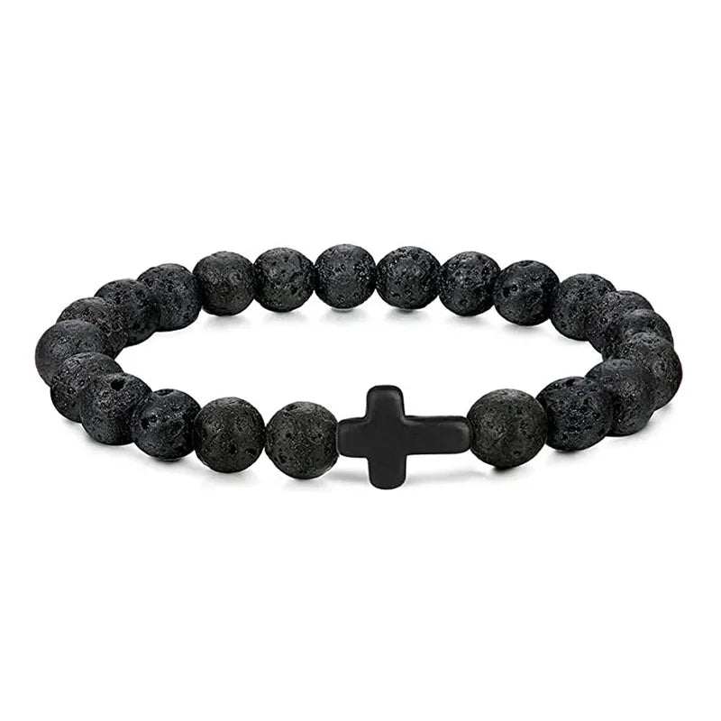 Stone Wood Beads Rosary Hematite Cross Bracelets