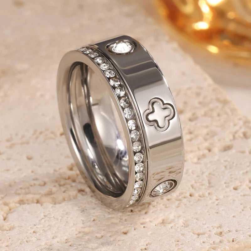 French Clover High Quality Stainless Steel Shiny Zircon Rings