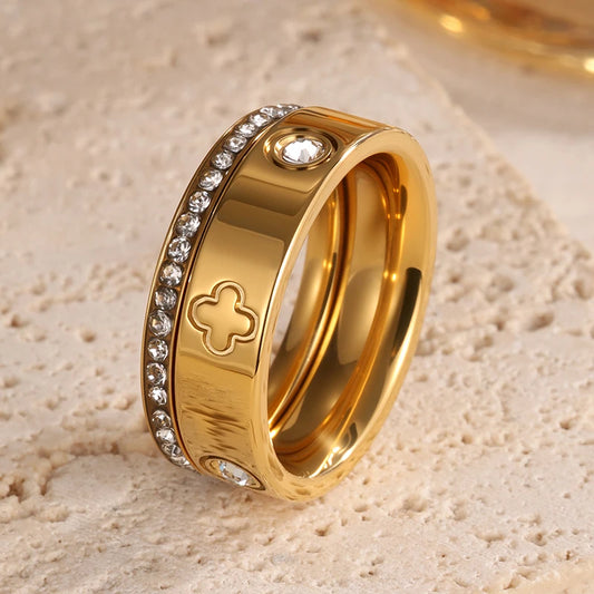French Clover High Quality Stainless Steel Shiny Zircon Rings