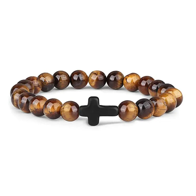 Stone Wood Beads Rosary Hematite Cross Bracelets