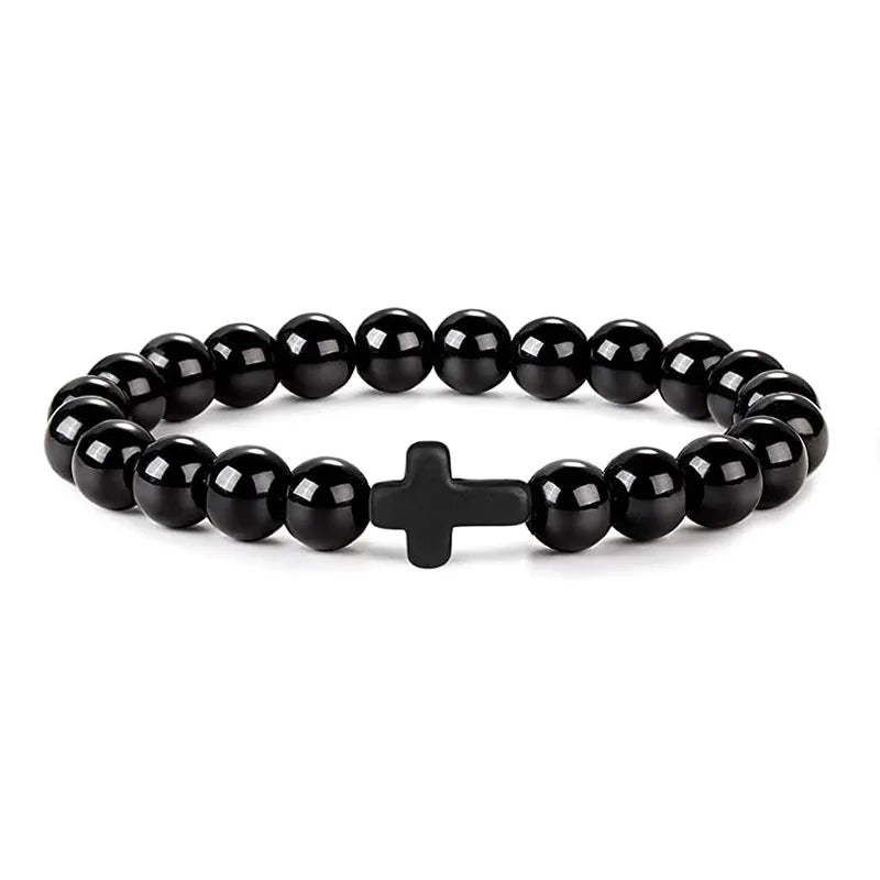 Stone Wood Beads Rosary Hematite Cross Bracelets